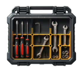 Modular storage case with clear lid and adjustable compartments for tools.