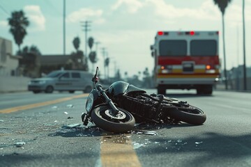 Fallen motorcycle on city street with emergency vehicle. AI image