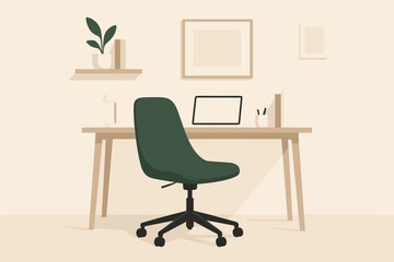 Minimalist Workspace Design. Modern green office chair placed in a minimalist home workspace with clean neutral tones, ideal for