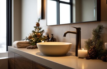 Modern bathroom sink with Christmas decorations and candle