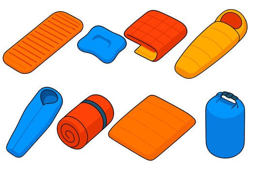 Camping Essentials Icons. Isometric vector illustration set Camping essentials &ndash; sleeping pad, inflatable pillow, camping quilt;