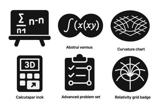 Physics Tools Icons. Solid style icons of theoretical physics tools: equation board icon, abstract formula glyph, math universe