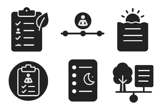 Retreat Agenda Icons. Solid style icons of retreat agendas: daily schedule with leaf, retreat program timeline, sunrise-to-sunset