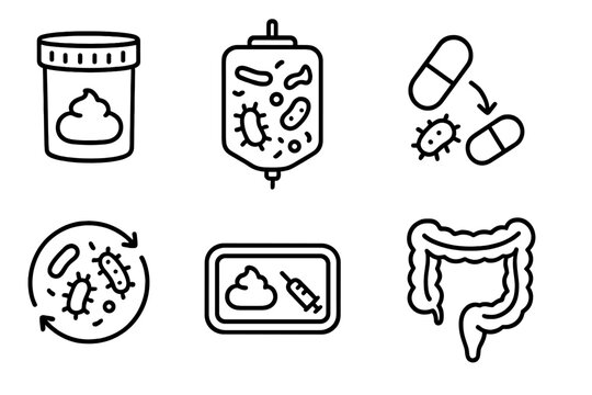 Microbiota Transplant Icons. Line style icons of Fecal Microbiota Transplants: donor stool sample, microbiota infusion bag,