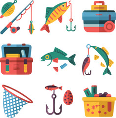 Fishing Gear Flat Icon Set   Rods, Tackle, and Boat Symbols