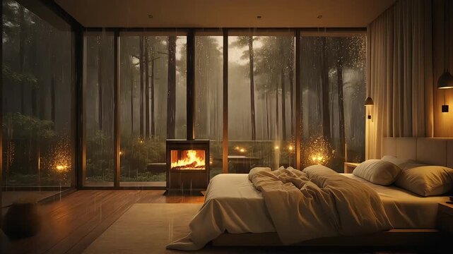 Cozy Bedroom Retreat with Forest View and Fireplace Ambiance. Virtual backgrounds loop animation for stream overlay, meditation, smooth jazz or white noise video. Cozy lo-fi background.
