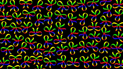 Seamless pattern of colorful gradient ribbons tied into bows in red, yellow, green, and blue tones on black background, festive and cheerful decorative design.