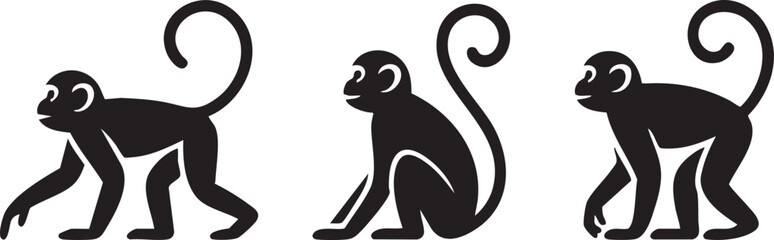 Set of Monkey Silhouettes in Different Poses on White Background