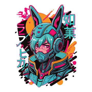 Cyberpunk anime character with rabbit ears and futuristic helmet and mask in vibrant neon colors