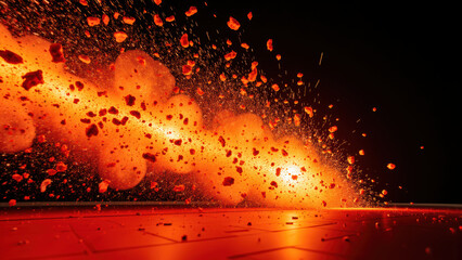 Explosive eruption with fiery orange particles and debris scattering across dark background, creating dramatic visual impact