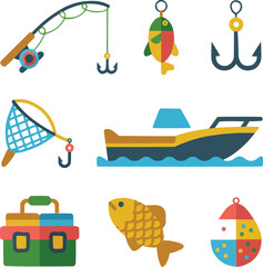 Fishing Gear Flat Icon Set  Rods, Tackle, and Boat Symbols