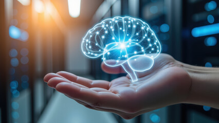 Digital representation of brain held hand, symbolizing artificial intelligence and technology. background features server racks, emphasizing high