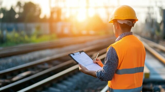 Railroad Inspector's Observation: A focused railroad inspector, clad in safety gear, meticulously reviews documentation. He is standing alongside a railway track, under the glow of the sun.