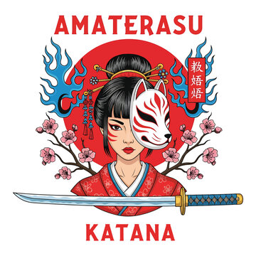 Amaterasu katana woman warrior with fox mask and cherry blossoms against a rising sun