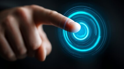 Human Finger Touching Futuristic Digital Interface with Blue Circular Light