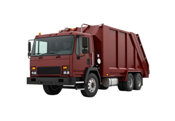 Burgundy red garbage truck, modern waste management vehicle, heavy-duty refuse collector, municipal sanitation equipment, isolated on a transparent background