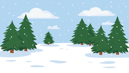 Christmas landscape of a winter forest with beautiful pine trees in snowy weather. Winter nature background, vector illustration.