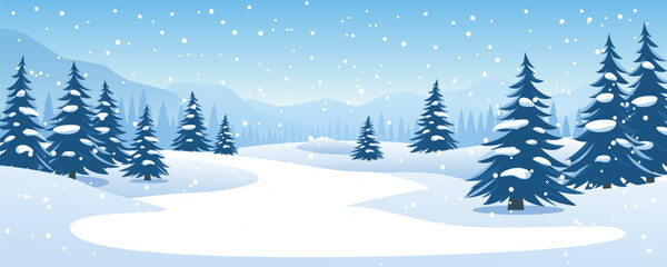 Winter forest in snowy weather, vector landscape illustration. Snow-covered fir and pine trees in the forest. Winter Christmas nature for backgrounds and design.