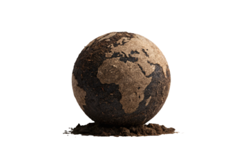 Globe made from coffee grounds, Africa and Europe visible, sustainable art concept, environmental message, isolated on a transparent background