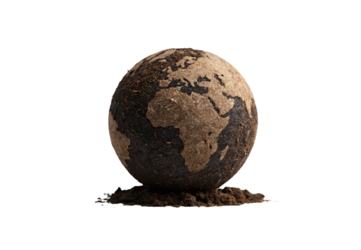 Globe made from coffee grounds, Africa and Europe visible, sustainable art concept, environmental message, isolated on a transparent background