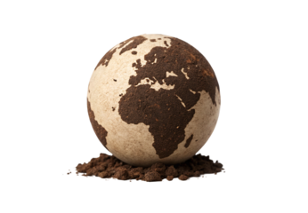 Sphere showing continents in coffee grounds texture, creative earth representation, ecological art concept, isolated on a transparent background