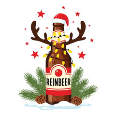 Festive beer bottle decorated as a reindeer with antlers and christmas lights for holiday celebrations