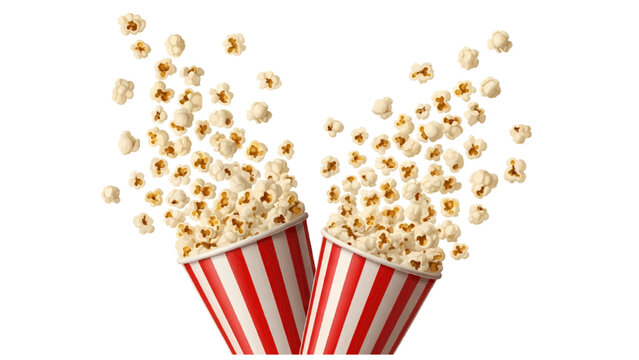 Vector illustration&nbsp;of two striped popcorn buckets with popcorn flying out on a white background
