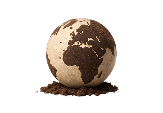 Sphere showing continents in coffee grounds texture, creative earth representation, ecological art concept, isolated on a transparent background