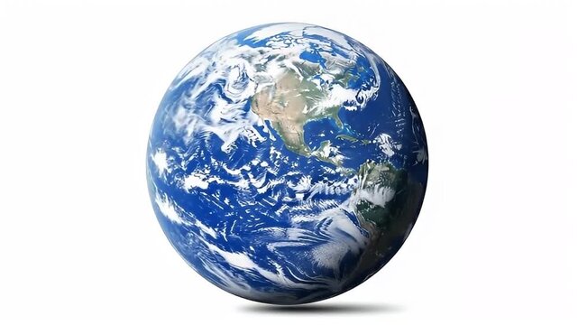 A stunning digitally rendered depiction of planet Earth, slowly rotating against a pristine, pure white background. The vibrant blue oceans, swirling white clouds, and clearly defined green and brown 