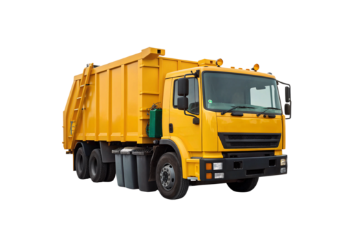 Bright yellow refuse truck with side compactor visible, professional waste management vehicle, municipal equipment, isolated on a transparent background