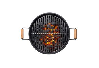 Round black charcoal grill viewed from above with glowing coals and wooden handles, isolated on a transparent background