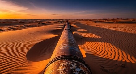 Oil Pipeline Stretching Across Desert Dunes Under Dramatic Sunset Sky.