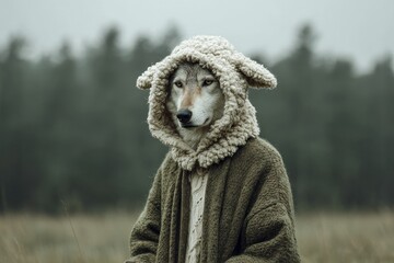 Wolf in Sheep’s Clothing Standing in Misty Meadow Symbolizing Deception and Duality