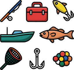 Fishing Gear Flat Icon Set  Rods, Tackle, and Boat Symbols