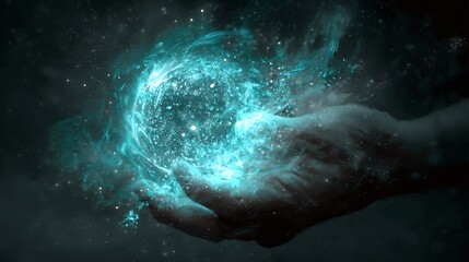Glowing Hand Holding Bright Cosmic Energy in Dark Space Scene