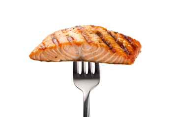 Grilled salmon steak with prominent crosshatch marks showing flaky texture on metal fork, isolated on a transparent background