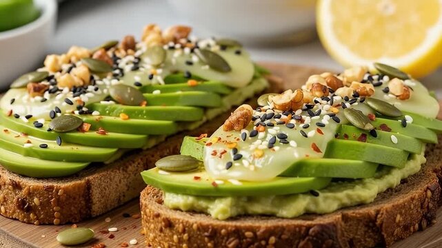 A vibrant and appetizing close-up shot of two slices of healthy avocado toast, artfully prepared and ready to be enjoyed. Each piece of whole-grain, multigrain bread is generously topped with creamy m