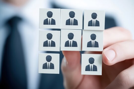 Recruitment Strategy: A close-up view of a hand carefully organizing blocks symbolizing the recruitment and selection process. This image conveys the methodical nature of building an effective team.