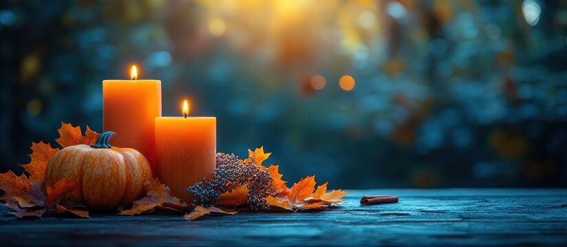 Autumn still life with candles, pumpkin, and leaves.