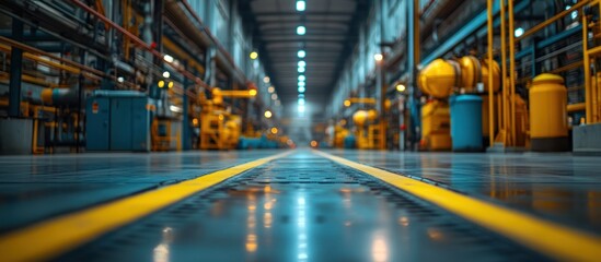 Obraz premium Industrial factory interior with yellow and blue machinery.