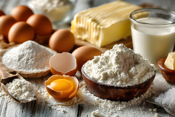 baking cake ingredients (eggs, flour, sugar, butter and milk) on white table