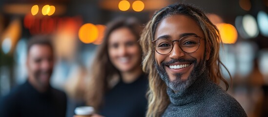 Smiling man with dreadlocks and glasses in a cafe with blurred friends in the background.