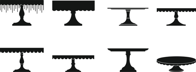 Elegant cake stand silhouette collection, vintage dessert display trays, bakery pedestal illustration, black white serving table vector design