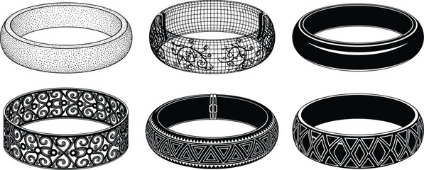 Elegant bracelet bangle collection, decorative jewelry design, black and white vector illustration, geometric and floral pattern art, fashion accessory style