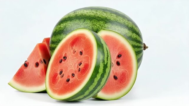 A vibrant and refreshing display of watermelon, featuring a full, plump fruit alongside a perfectly halved piece revealing its succulent, bright red flesh and dark seeds. Two neatly cut triangular sli