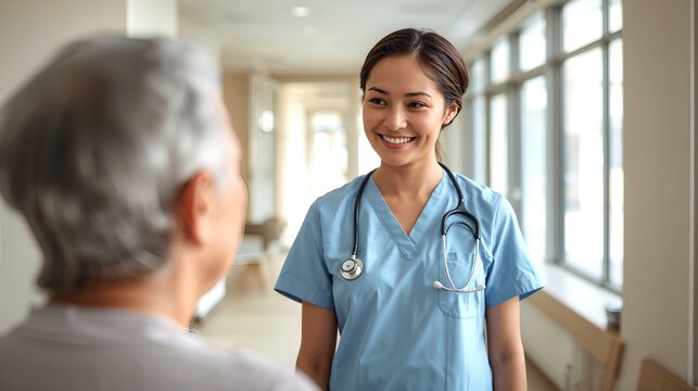a kind-hearted nurse providing care and support to an elderly patient in a medical environment