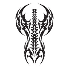 Tribal tattoo design of a stylized human spine with abstract wing like elements on a white background