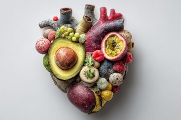 Heart health concept depicts anatomical heart decorated with berries promoting cardiovascular wellness through diet and lifestyle