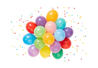 Vibrant rainbow balloons arranged in circular formation with colorful confetti, isolated on a transparent background