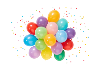 Vibrant rainbow balloons arranged in circular formation with colorful confetti, isolated on a transparent background